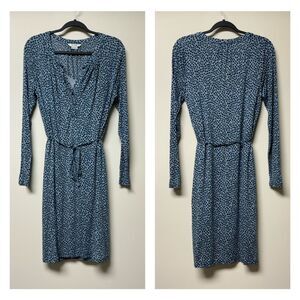 BODEN Two Piece Blue Clover Print Midi Dress Full Slip V-Neck Waist Tie, Sz 10R